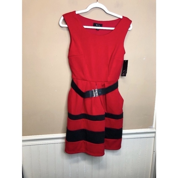 BCX Red Black Sleeveless Belted Dress Size S NWT - Picture 1 of 5